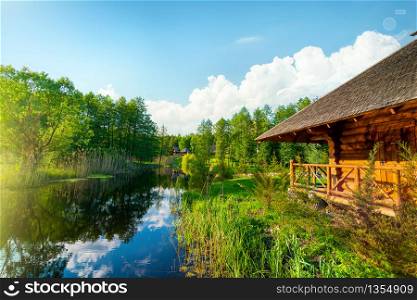 Landscape pond and forest in spring afternoon. Pond and forest