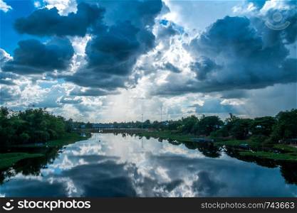 Landscape river with rain clouds,beautiful scenery,Moon river Thailand.