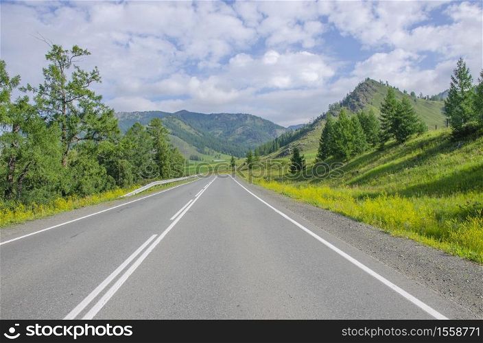 landscape road goes away to Altai mountains in Russia