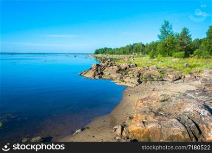 Landscape rocky coast of the White sea in clear Sunny day, Karelia, Russia.