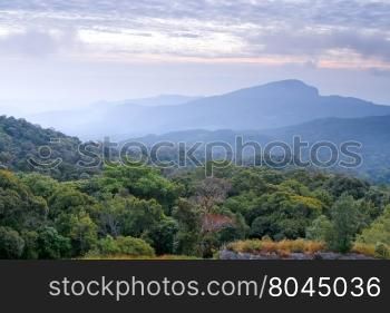 landscape scene and sunrise in morning over the mountains at Doi Inthanon Chiang Mai, Thailand