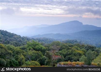 landscape scene and sunrise in morning over the mountains at Doi Inthanon Chiang Mai, Thailand