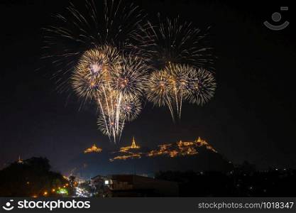 Landscape Scene of multicolor Fireworks annual festival over the Phra Nakhon Khiri (Khao Wang) which is ancient one of the landmark in Phetchaburi Province Thailand. Celebration concept