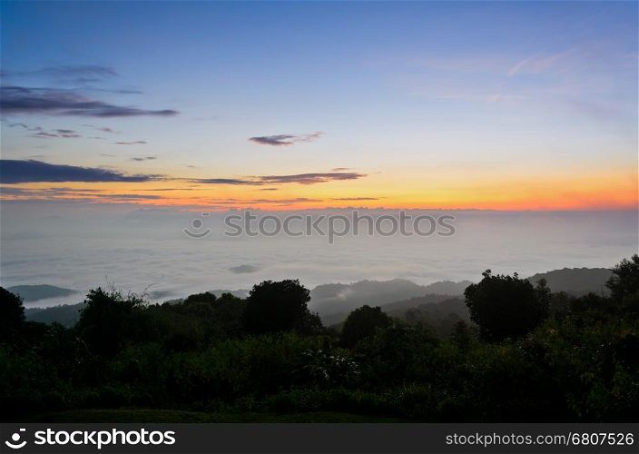 Landscape sea of mist on sunrise view from high mountain at Huai Nam Dang national park in Chiang Mai and Mae Hong Son province, Thailand