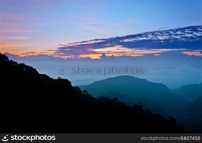 Landscape sierra from Doi Ang Khang mountains at sunrise in Chiang Mai province of Thailand