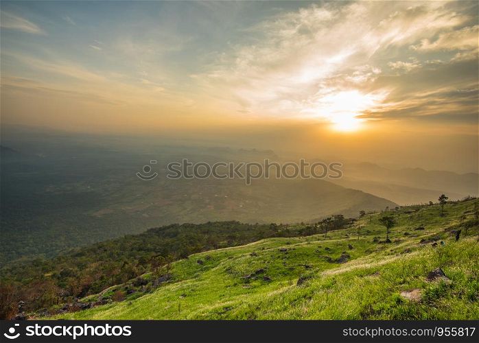 Landscape sunrise on the mountain with field and meadow green grass flower and beautiful cloud sky