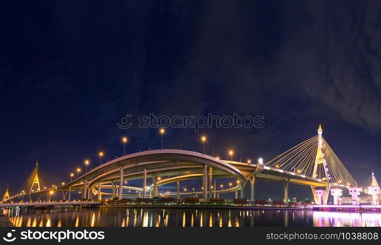Landscape sunset of Bhumibol Bridge, Industrial Ring Road Bridge Panorama of Thailand