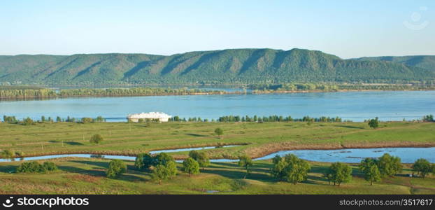 landscape, the ship on the river in the valley