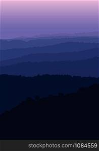 Landscape vector mountain silhouette view on hill sierra layer forest purple sky twilight dark in the moring , vertical nature mountain