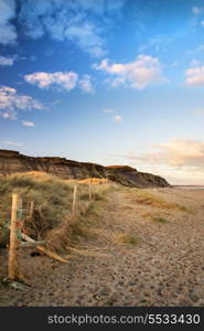 Landscape vibrant sunset over beach and cliffs