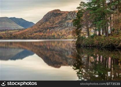 Landscape view across Derwentwater from Manesty Park towards Blencathra and Walla Crag with stunning Autumn colors