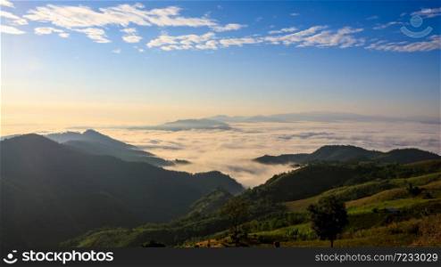 landscape view at morning time sea fog on the mountain beautiful landmark chiang rai Thailand