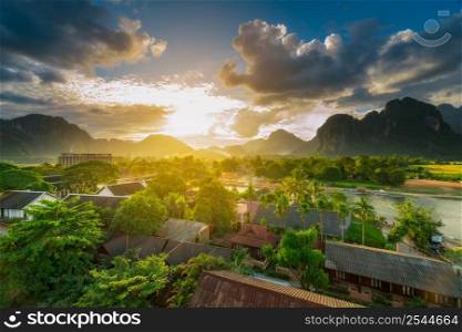 Landscape view beautiful sunset at vang vieng, Laos