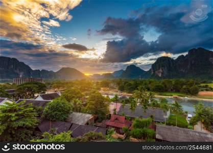 Landscape view beautiful sunset at vang vieng, Laos