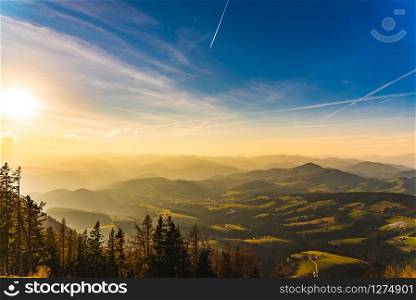 Landscape view during sunset in spring from Graz Schockl mountain in Styria, Austria. Famous tourist destination ,hiking and mountain biking spot.. Landscape view during sunset in spring from Graz Schockl mountain in Styria Austria.