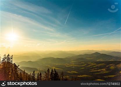 Landscape view during sunset in spring from Graz Schockl mountain in Styria, Austria. Famous tourist destination ,hiking and mountain biking spot.. Landscape view during sunset in spring from Graz Schockl mountain in Styria Austria.
