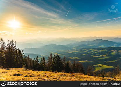 Landscape view during sunset in spring from Graz Schockl mountain in Styria, Austria. Famous tourist destination ,hiking and mountain biking spot.. Landscape view during sunset in spring from Graz Schockl mountain in Styria Austria.