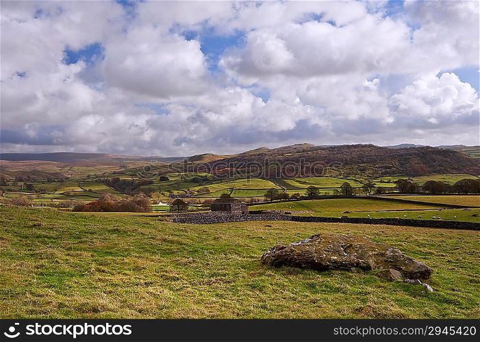 Landscape view from Norber Erratics towards Wharfe Dale in Yorkshire Dales National Park