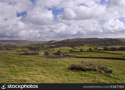 Landscape view from Norber Erratics towards Wharfe Dale in Yorkshire Dales National Park