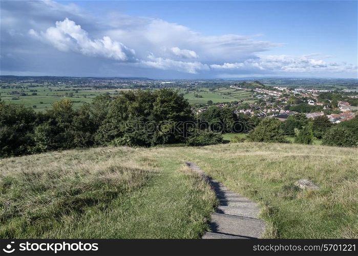 Landscape view from top of Glastonbury Tor overlooking Glastonbury town in England