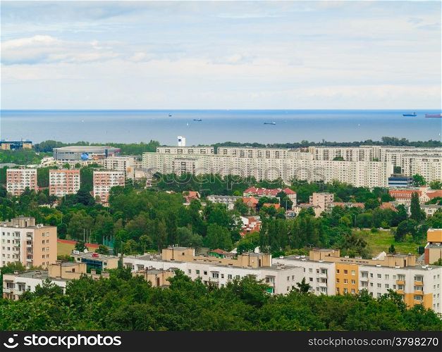 landscape. view from tower of sea and district gdansk danzig polish city suburb buildings houses exterior.