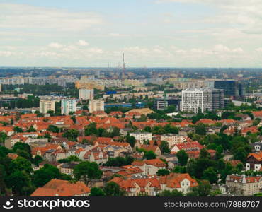 landscape. view from tower of sea and district gdansk danzig polish city suburb buildings houses exterior.