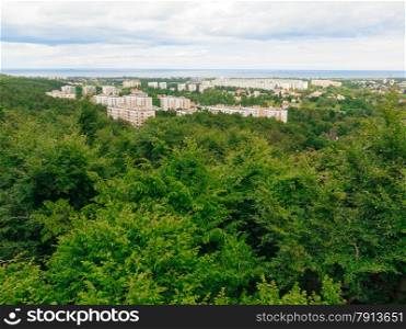 landscape. view from tower of sea and district gdansk danzig polish city suburb buildings houses exterior.