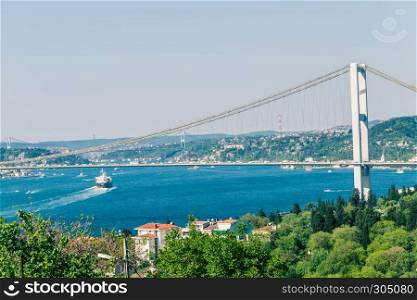 Landscape view of 15 July Martyrs Bridge or unofficially Bosphorus Bridge also called First Bridge over bosphorus with blue sky from Fethi Pasha Park in Istanbul,Turkey.09 May 2015. Bosphorus Bridge or 15 July Martyrs Bridge