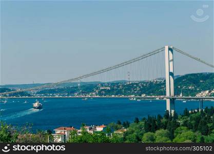 Landscape view of 15 July Martyrs Bridge or unofficially Bosphorus Bridge also called First Bridge over bosphorus with blue sky from Fethi Pasha Park in Istanbul,Turkey.09 May 2015. Bosphorus Bridge or 15 July Martyrs Bridge