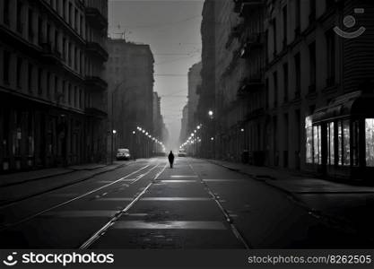Landscape view of an empty street of a black and white city. Neural network AI generated art. Landscape view of an empty street of a black and white city. Neural network AI generated