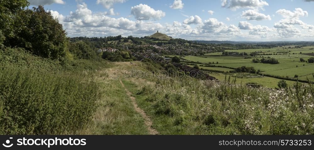 Landscape view of Glastonbury Tor on Summer day