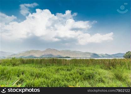 Landscape view of mountain and sky near reservoir at Karnchanaburi, Thailand
