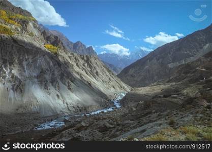 Landscape view of mountains and Hunza river. Gilgit Baltistan. Hunza valley, Pakistan.