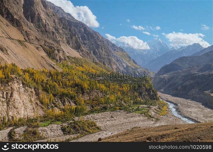 Landscape view of mountains and Hunza river in autumn. View from Karakoram highway, Gilgit Baltistan. Hunza valley, Pakistan.