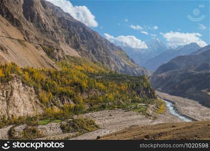 Landscape view of mountains and Hunza river in autumn. View from Karakoram highway, Gilgit Baltistan. Hunza valley, Pakistan.