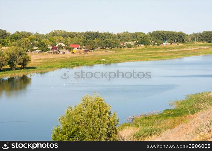 Landscape, view of the small river in the village Solodniki, Astrakhan region, Russia