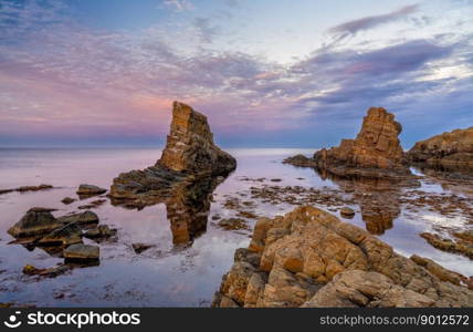 landscape view of the Stone Ships sea stacks in Sinemorets on the Black Sea in Bulgaria