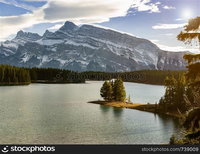Landscape view of Two Jack Lake and Mount Rundle at Banff National Park in Alberta, Canada