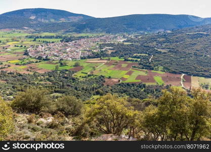 Landscape village with houses in Greek valley of Kefalonia