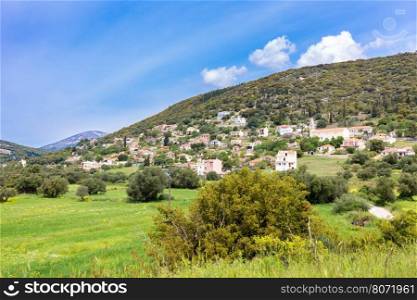 Landscape village with houses in Greek valley of Kefalonia in spring