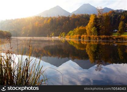 landscape with a beautiful mountain lake with reflection. autumn