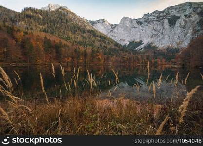 landscape with a beautiful mountain lake with reflection. autumn