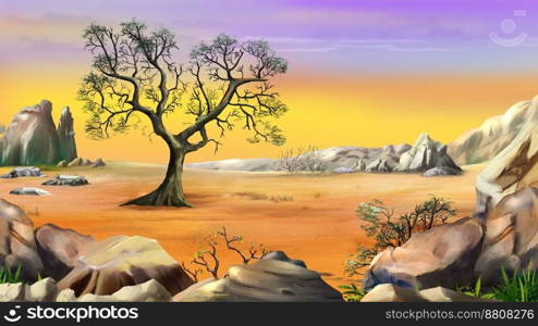 Landscape with a Lone Tree in the Hills Surrounded by Mountain above the yellow sky. Digital Painting Background, Illustration.. Lone Tree Under Yellow Sky illustration