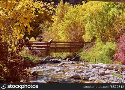Landscape with autumn trees and river. Rocky Mountains, Colorado, USA. 