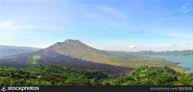 Landscape with Batur volcano in the sunshine day