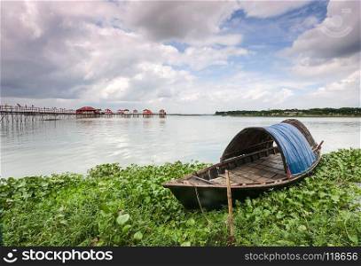 Landscape with boat in Bangladesh. Lakes and rivers. Background