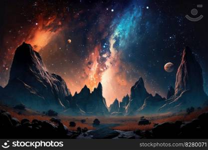 Landscape with galaxy background with fantasy night starry sky. distinct generative AI image.. Landscape with galaxy background with fantasy night starry sky
