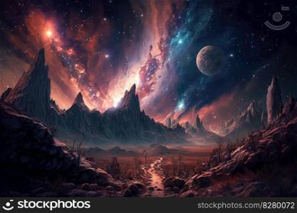 Landscape with galaxy background with fantasy night starry sky. distinct generative AI image.. Landscape with galaxy background with fantasy night starry sky