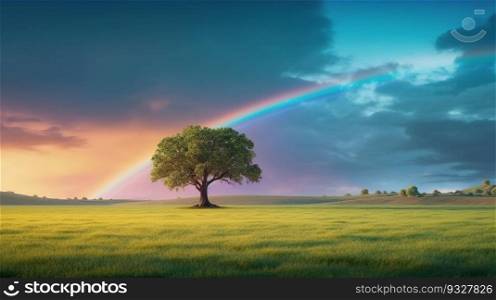 landscape with green grass field and lone tree amazing rainbow AI generated image