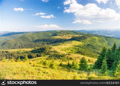 Landscape with green sunny hills with blue sky and clouds. Landscape with green sunny hills